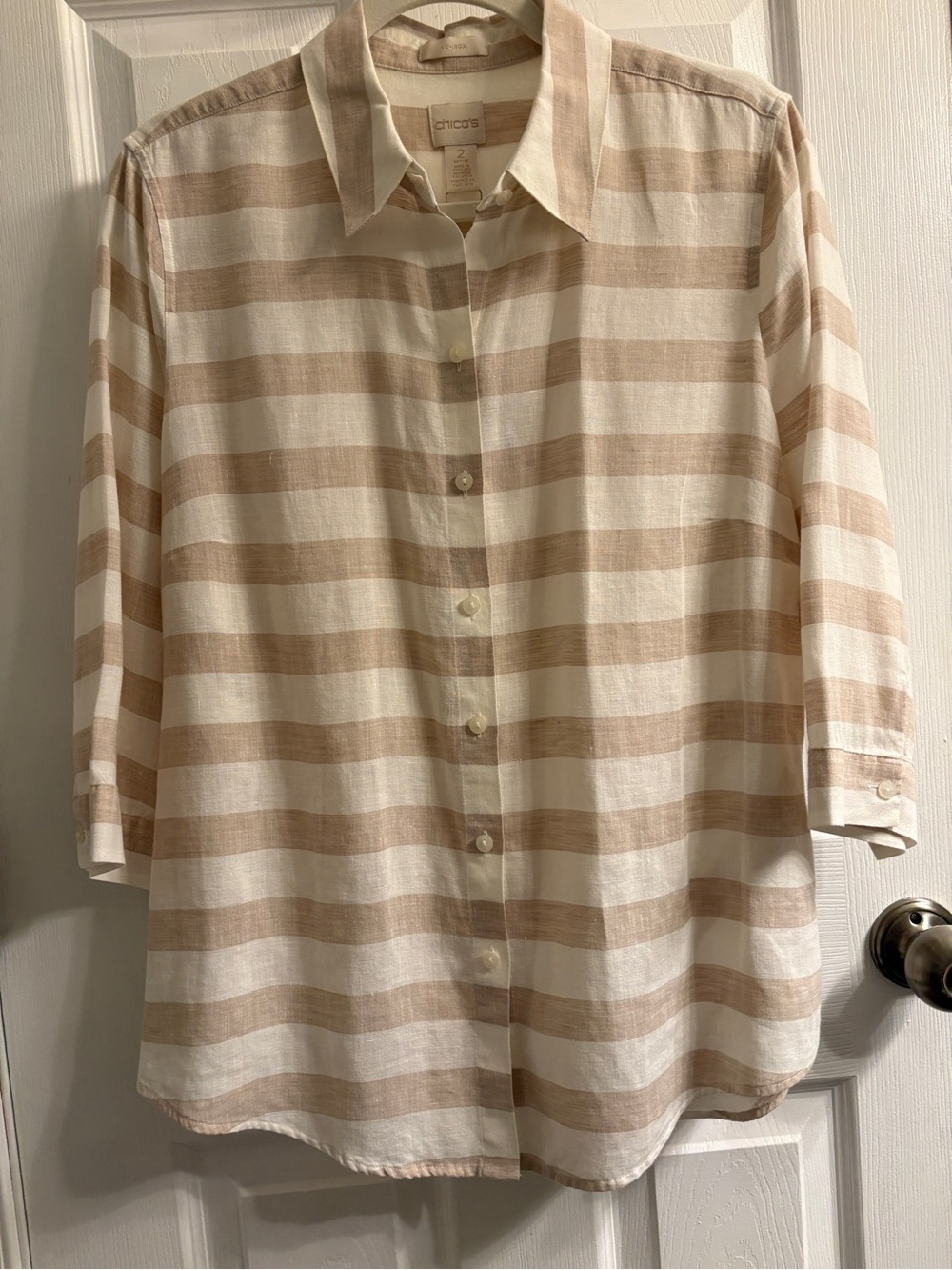 Chico's Neutral Beige & Cream Striped Button-Front Shirt size 2(12)
